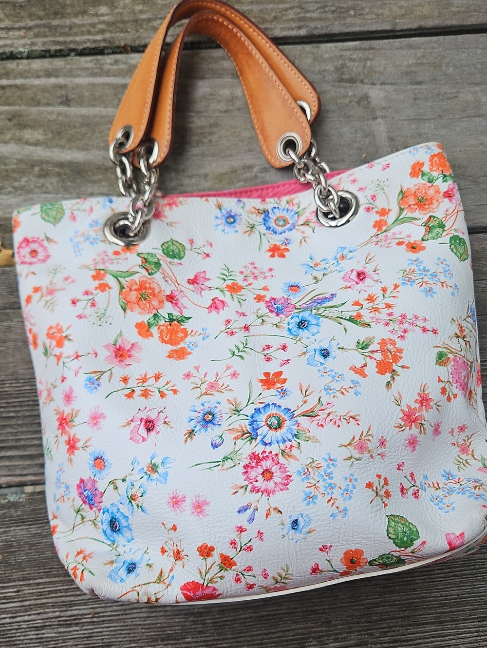 Like New Floral Print Leather Tote Purse, Chain & Leather Handles